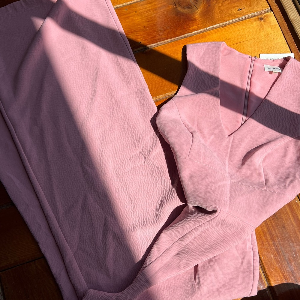 Pink V-Neck wide leg pant suit